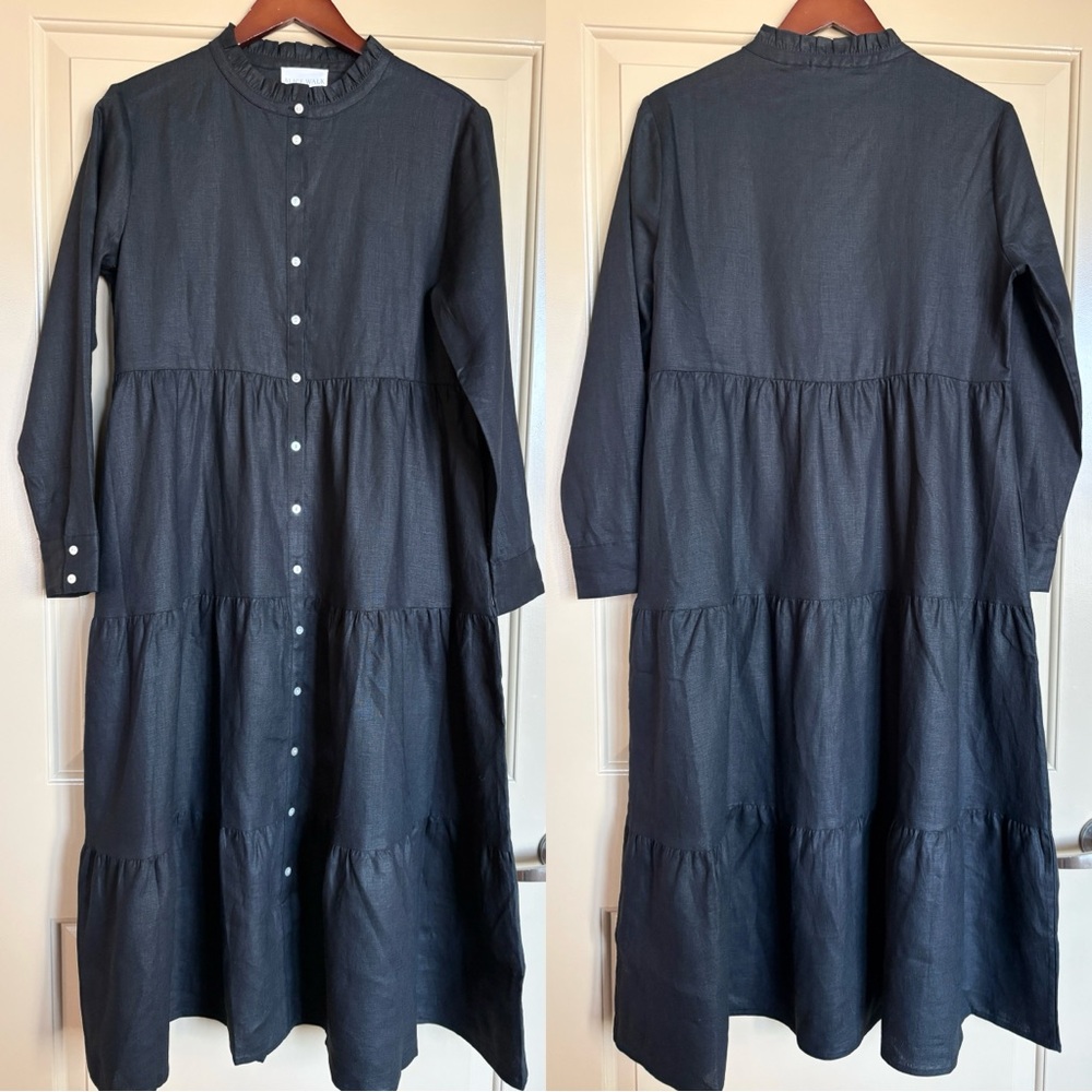 NWT Alice Walk Black 100% Linen Tiered Long Sleeve Midi Dress M